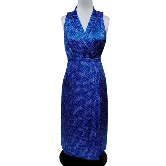 Equipment‎ Size 10 Katherine Blue Silk Geo Pattern Wrap Sleeveless Midi Dress - Picture 5 of 12